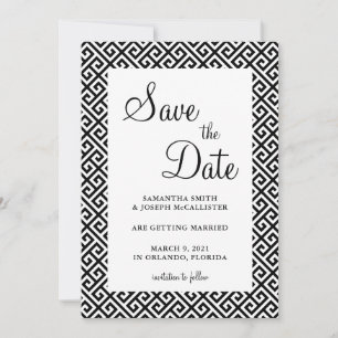 Black and White Diagonal Greek Key Pattern Save The Date