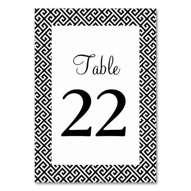 Black and White Diagonal Greek Key Pattern Table Number (Front)