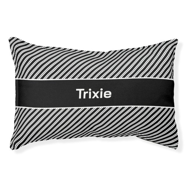 Black and White Diagonal Stripe Personalized Pet Bed (Front)