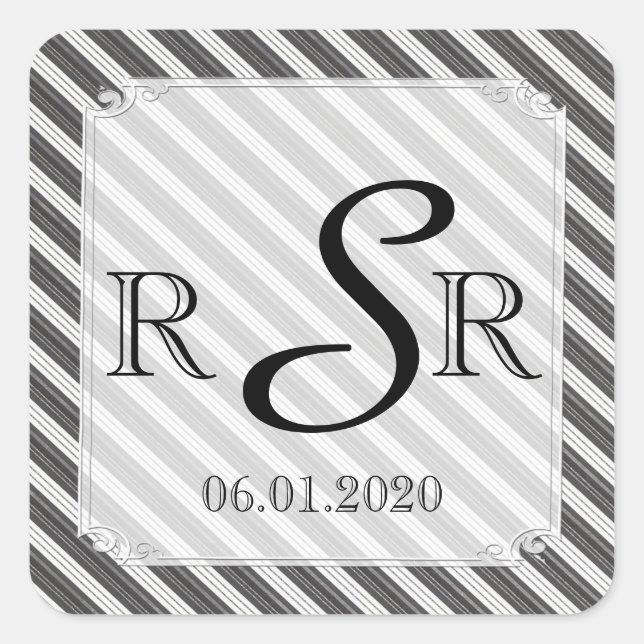 Black and White Diagonal Stripe Wedding Monogram Square Sticker (Front)