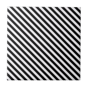 Black and White Diagonal Stripes Ceramic Tile
