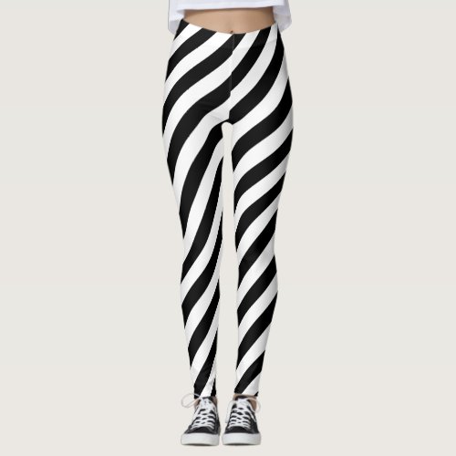 Black And White Diagonal Stripes Pattern Leggings
