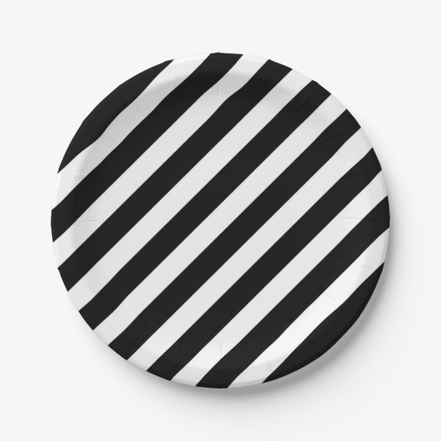 black and white diagonal stripes pattern paper plates (Front)