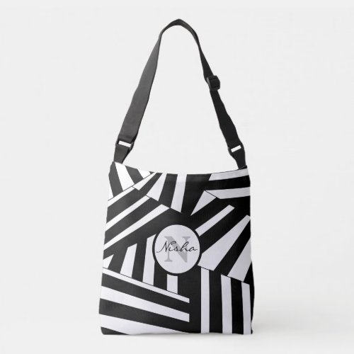 Black and White Diagonal Stripes Personalized Crossbody Bag