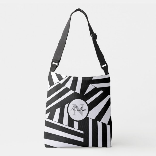 Black and White Diagonal Stripes Personalized Crossbody Bag (Front)