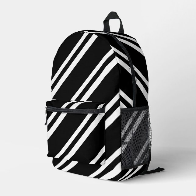 Black and White Diagonal Stripes Printed Backpack (Back Corner Right)