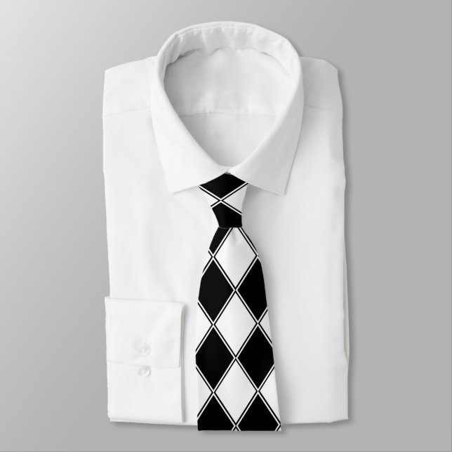 Black and White Diamond Argyle Pattern Neck Tie (Tied)