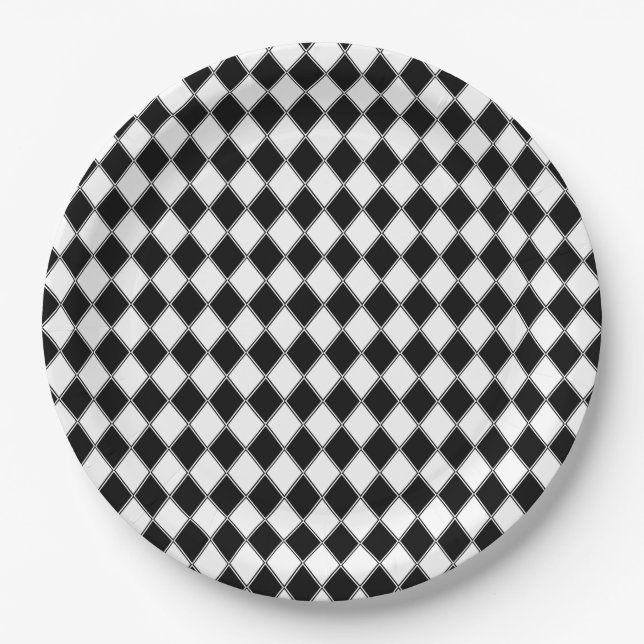 Black and White Diamond Argyle Pattern Paper Plates (Front)