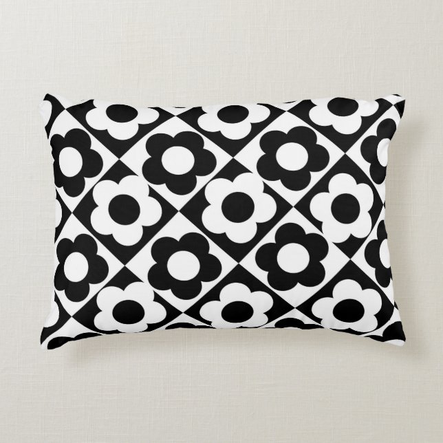 Black and White Diamond Check Flower Pattern Accent Pillow (Front)