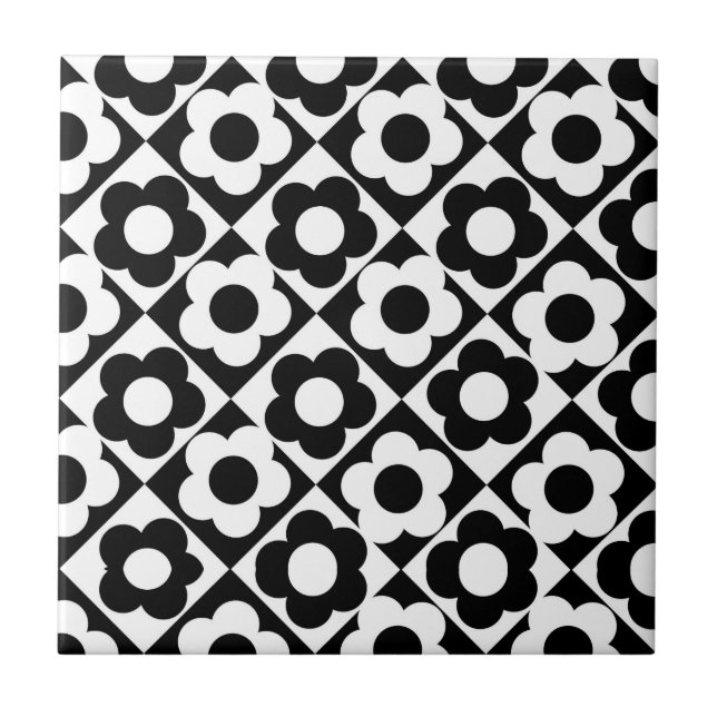 Black and White Diamond Check Flower Pattern Ceramic Tile (Front)