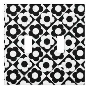 Black and White Diamond Check Flower Pattern Light Switch Cover
