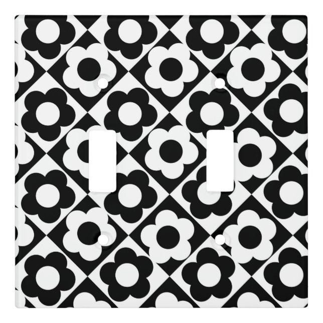 Black and White Diamond Check Flower Pattern Light Switch Cover (Front)