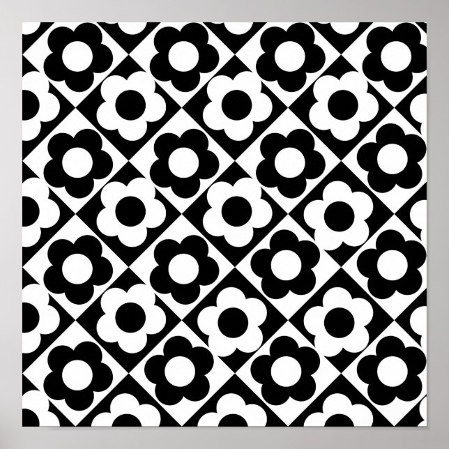 Black and White Diamond Check Flower Pattern Poster (Front)