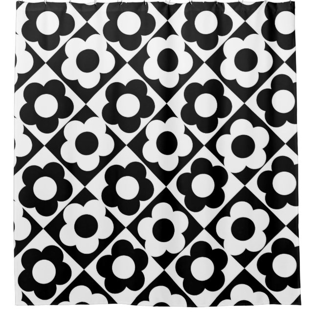Black and White Diamond Check Flower Pattern Shower Curtain (Front)