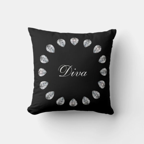 Black and White Diamond Diva Monogram Throw Pillow