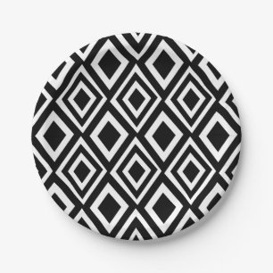 Black and White Diamond Geometric Party Paper Plates