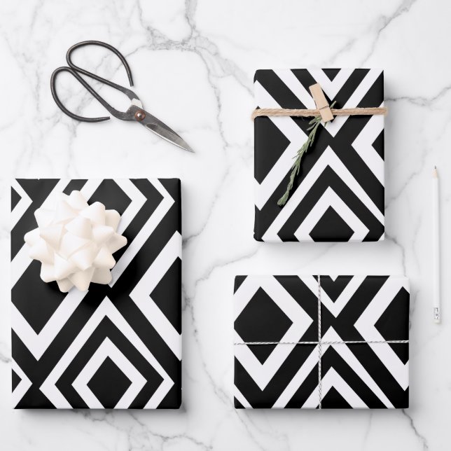 Black and White Diamond Geometric  Wrapping Paper Sheets (Front)