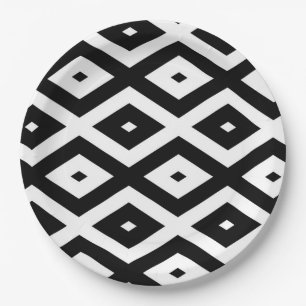 Black and white diamond pattern paper plates