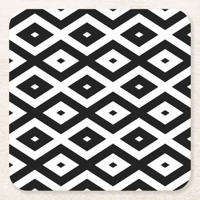 Black and white diamond pattern square paper coaster (Front)