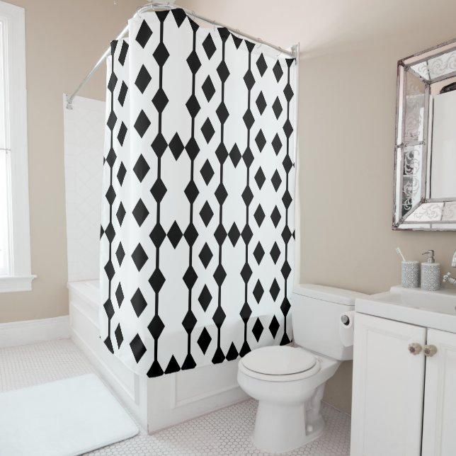 Black and White Diamond Patterned Shower Curtain (In Situ)