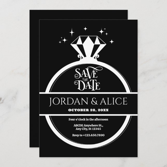 Black and white diamond ring  save the date (Front/Back)