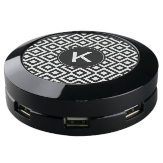 Black and White Diamonds, Meander, Custom Monogram USB Charging Station