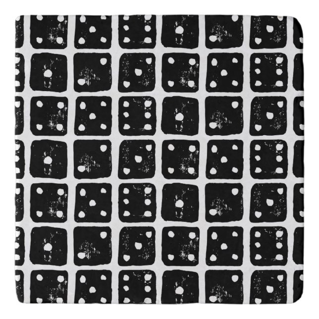 Black and White Dice 1-6 Rustic Linocut Trivet (Front)