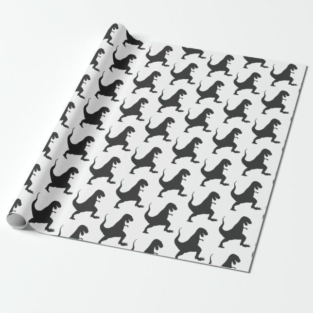 black and white Dinosaur Christmas  Wrapping Paper (Unrolled)