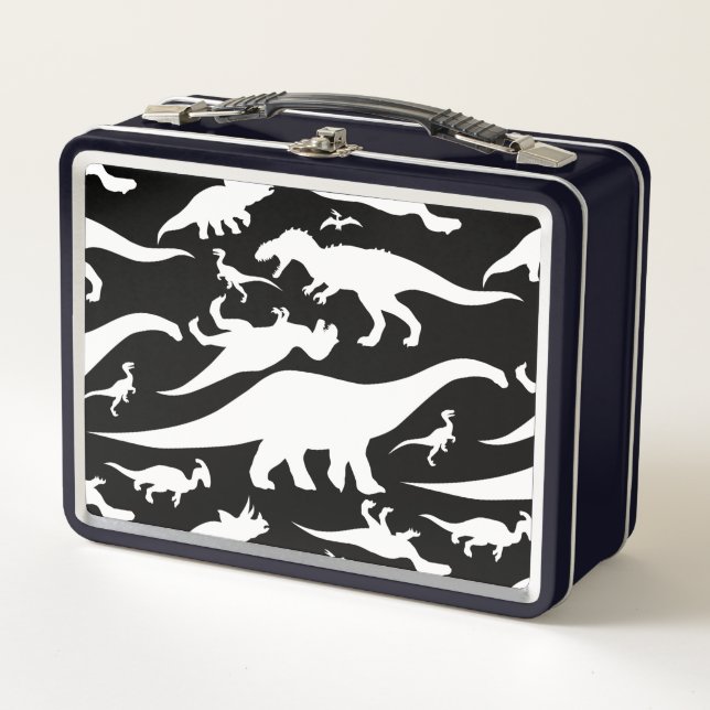 Black and White Dinosaur Pattern Metal Lunch Box (Front)