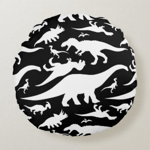 Black and White Dinosaur Pattern Round Pillow