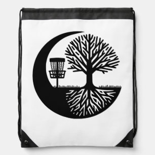 Black and white Disc Golf & Tree Roots Silhouette Drawstring Bag