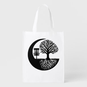 Black and white Disc Golf & Tree Roots Silhouette Grocery Bag