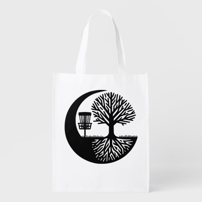 Black and white Disc Golf & Tree Roots Silhouette  Grocery Bag (Front)