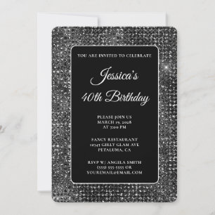 Black and White Disco Glitter 40th Birthday Invitation