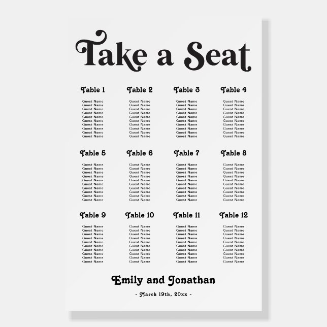 Black and White Disco Wedding Seating Chart Foam Board (Front)