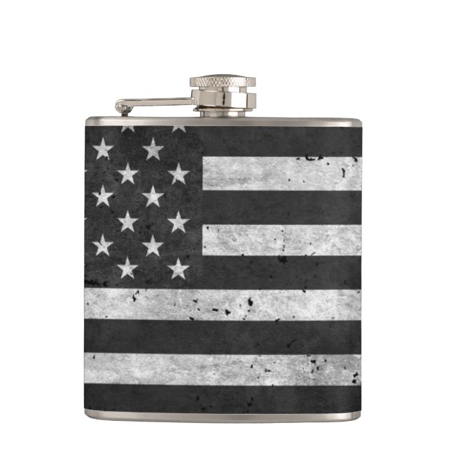 Black and White Distressed American flag Flask (Front)