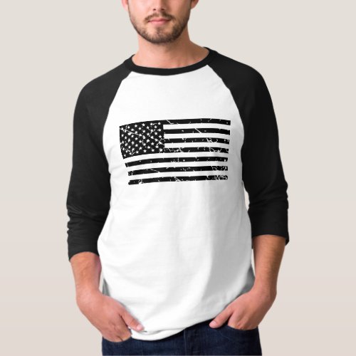 Black and White Distressed American Flag T_Shirt