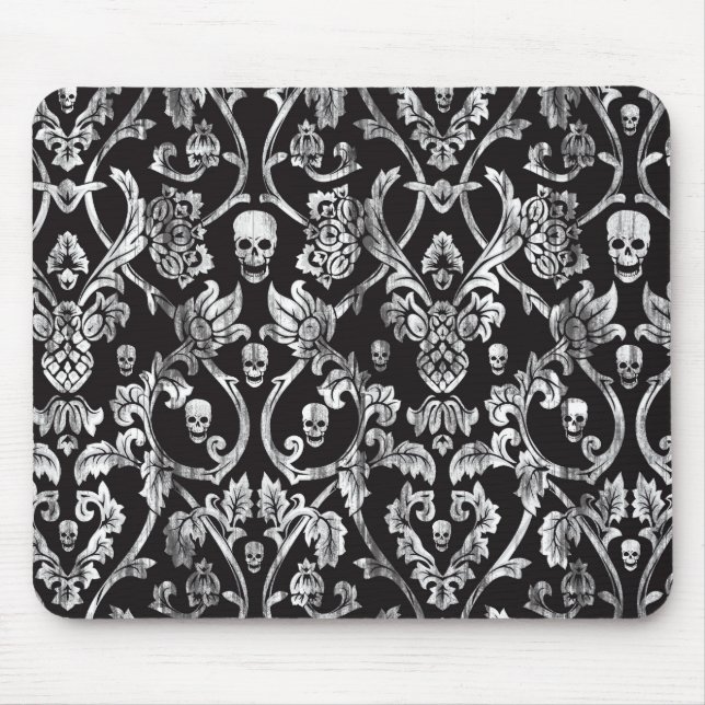 Black and white distressed skull damask. mouse pad (Front)