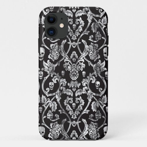 Black and white distressed skull damask pattern iPhone 11 case
