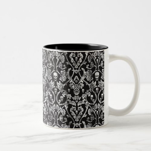 Black and white distressed skull damask Two_Tone coffee mug