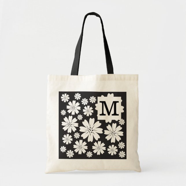 Black And White Ditsy Flowers Monogrammed Tote Bag (Front)