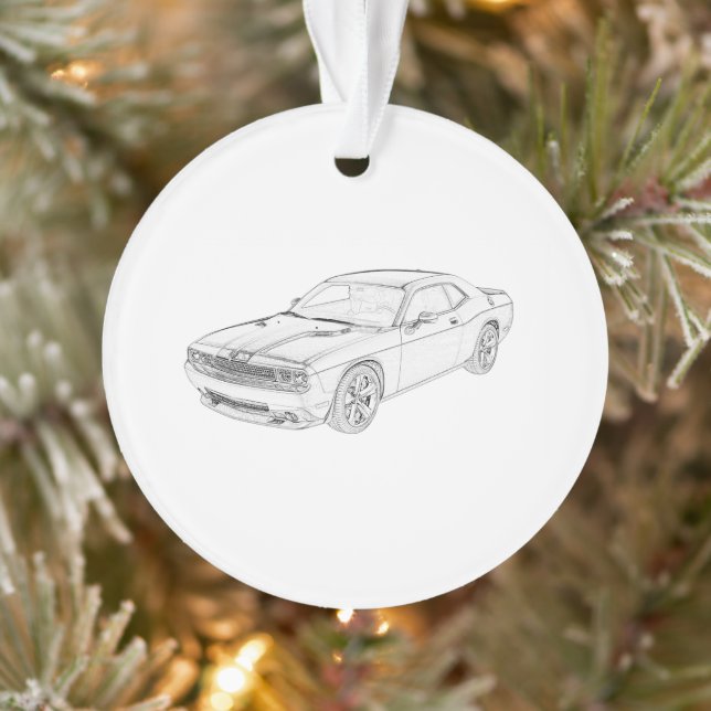Black and White Dodge Challenger Illustration Ornament (Tree)