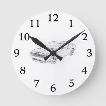 Black And White Dodge Challenger Illustration Round Clock by PNGDesign at Zazzle