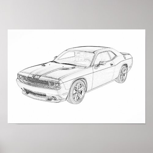 Black and White Dodge Challenger Pencil Drawing Poster