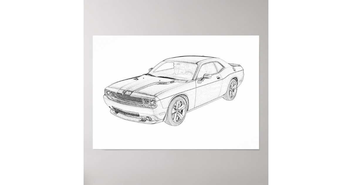 Black And White Dodge Challenger Pencil Drawing Poster Zazzle