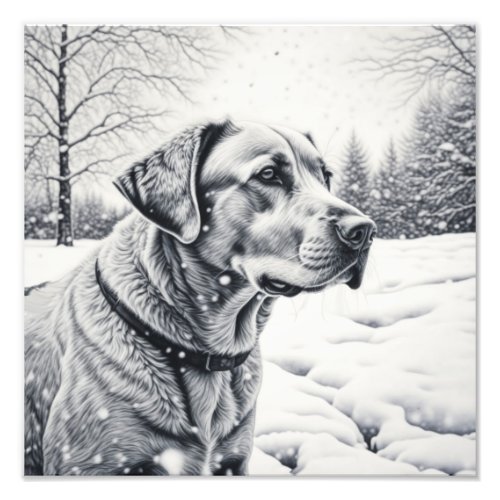 Black and White Dog AI Sketch Winter Scene Photo Print