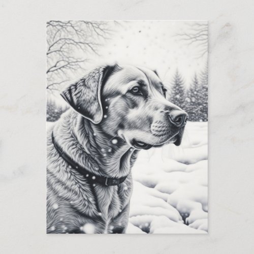 Black and White Dog AI Sketch Winter Scene Postcard