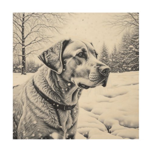 Black and White Dog AI Sketch Winter Scene Wood Wall Art