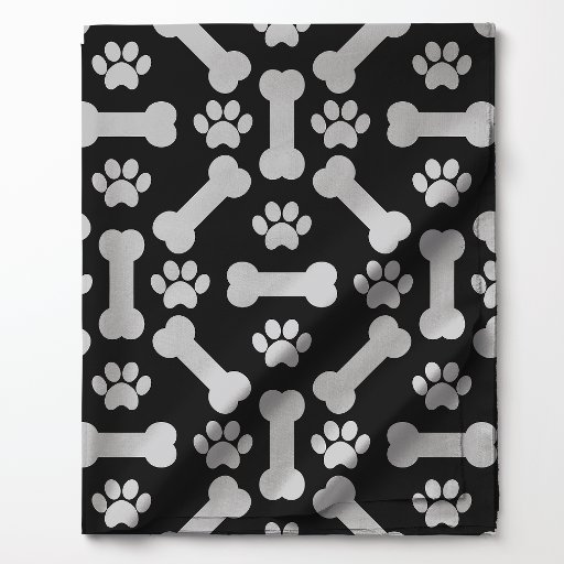 Black and White Dog Bones and Paw Prints Pattern Fabric