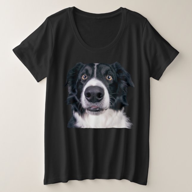Black and White Dog Face Plus Size T-Shirt (Design Front)